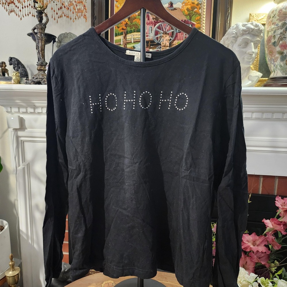 XL Vintage 90s Black Long Sleeve Holiday Top with "Ho Ho Ho" by Carolyn Taylor